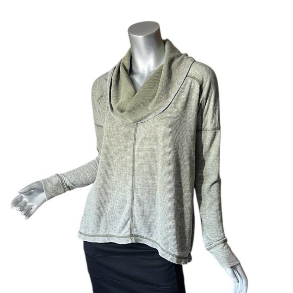 Lucky Brand Distressed Waffle Thin Knit Cowl Neck Sweater Olive Green SMALL